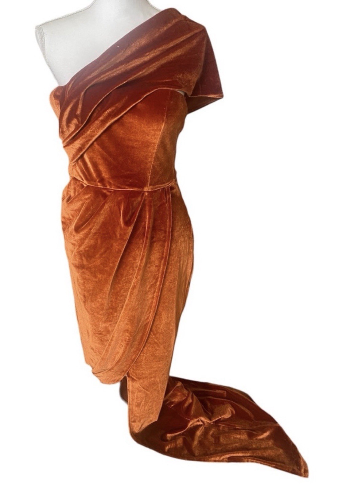ADYCE Rust One Shoulder Split Thigh Waist Ruched Maxi Wrap Cocktail Dress Size L