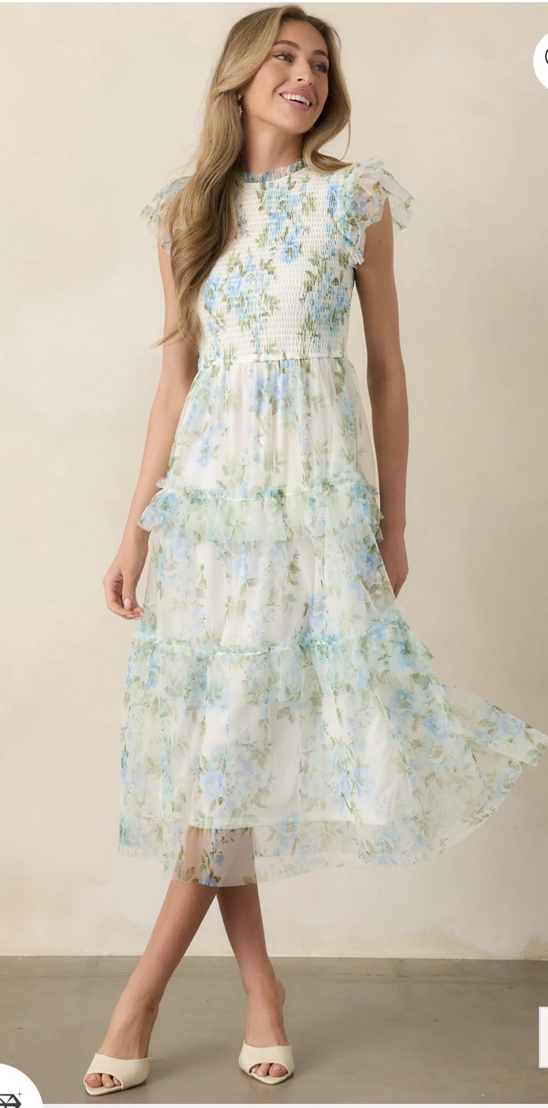 By The River BLUE FLORAL FLUTTER SLEEVE MIDI DRESS Size Medium