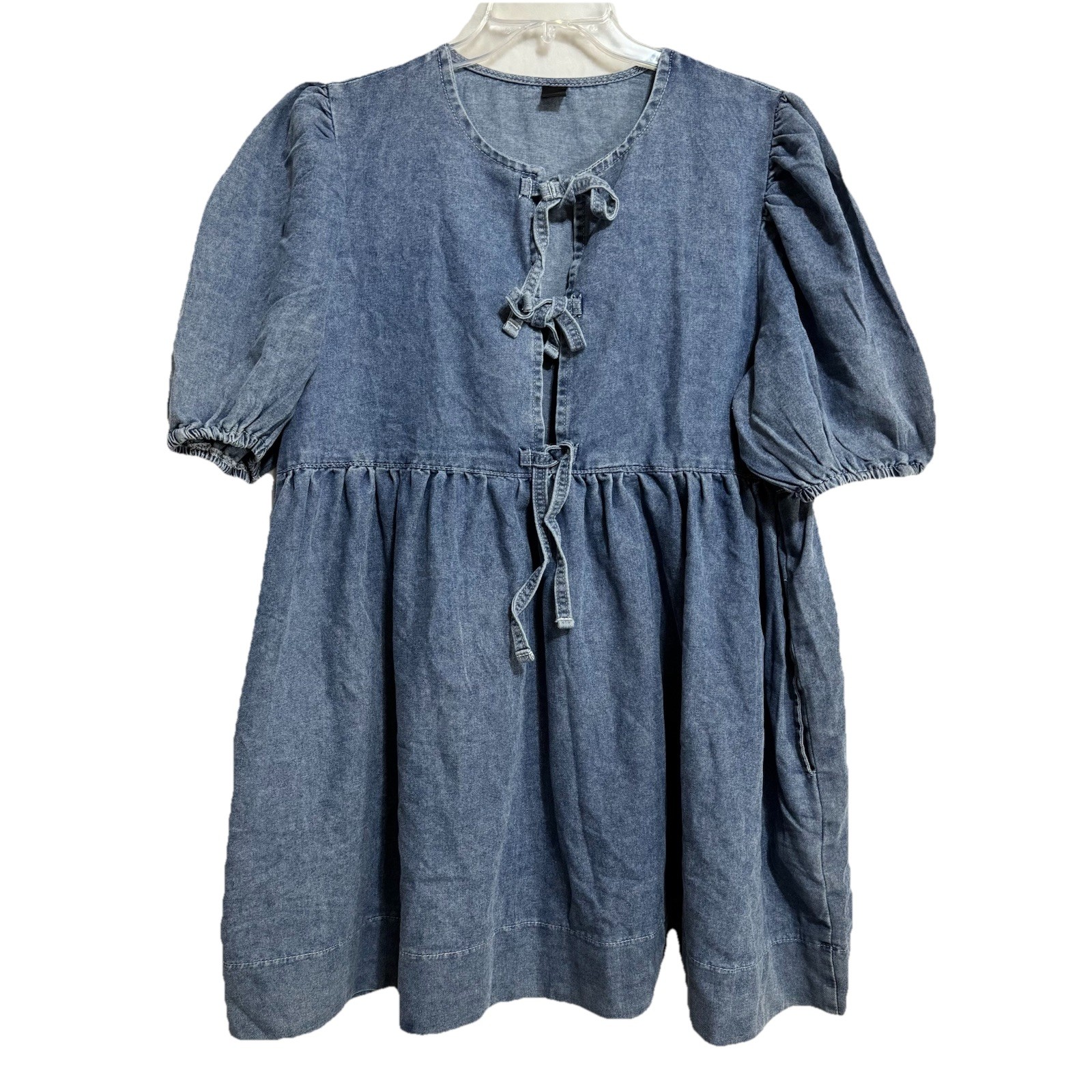 Free Assembly Dress Women’s Large Short Sleeves Denim Tie Knot Pleated Top