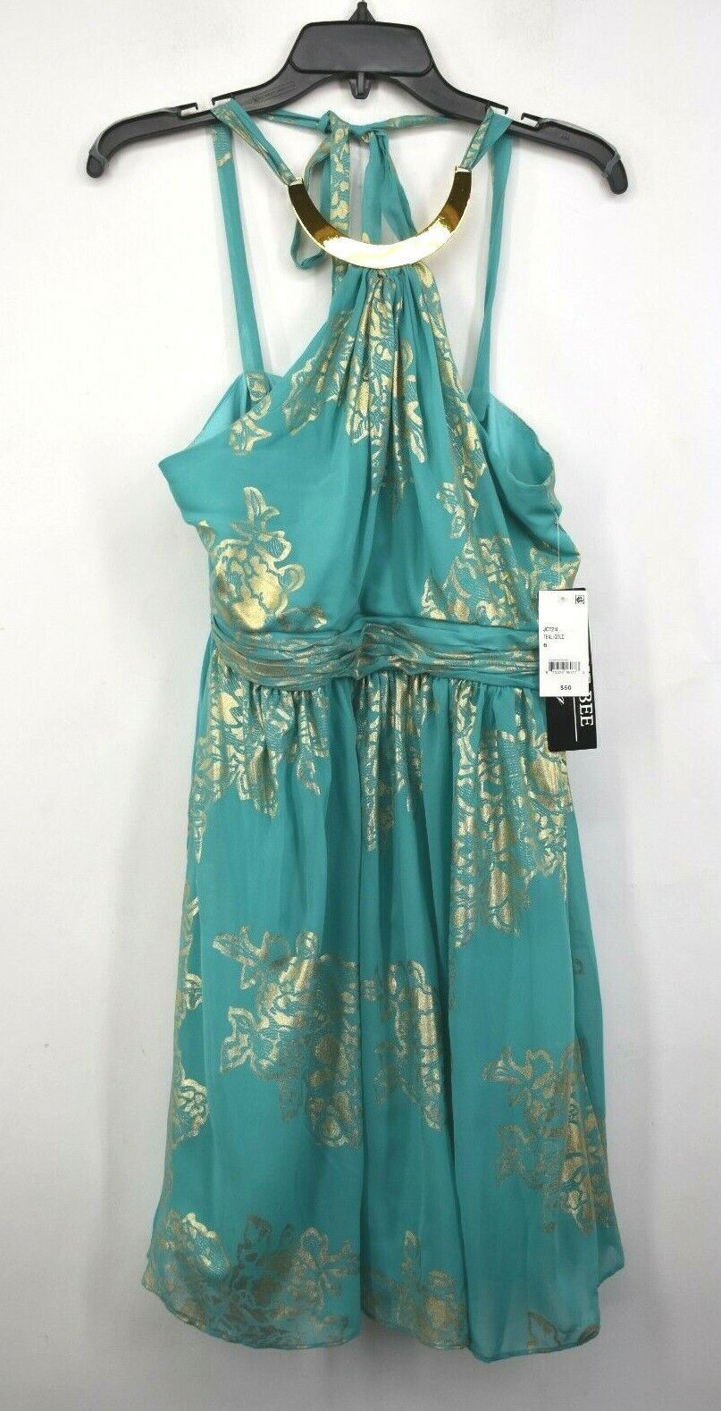 Robbie Bee Evening Women Blue Gold Floral Choker Neck Cocktail Halter Dress 6