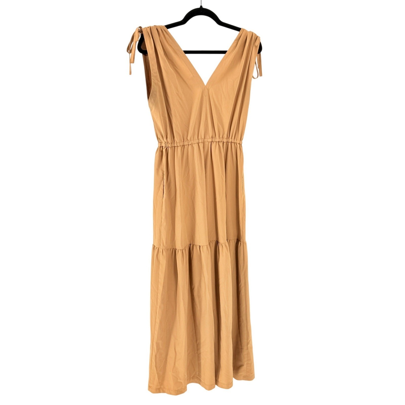 Golden Tan Vneck Tiered Maxi Dress Sleeveless Tie Bows Pockets Fairy Cottagecore
