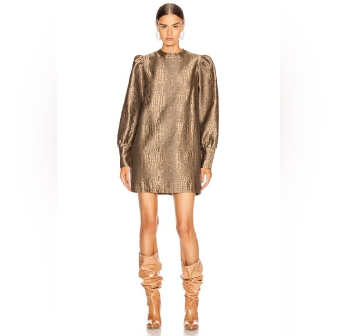 ANDAMANE Gold Metallic Luxury Jacquard Animal Print Crew Neck Puff Sleeve XS