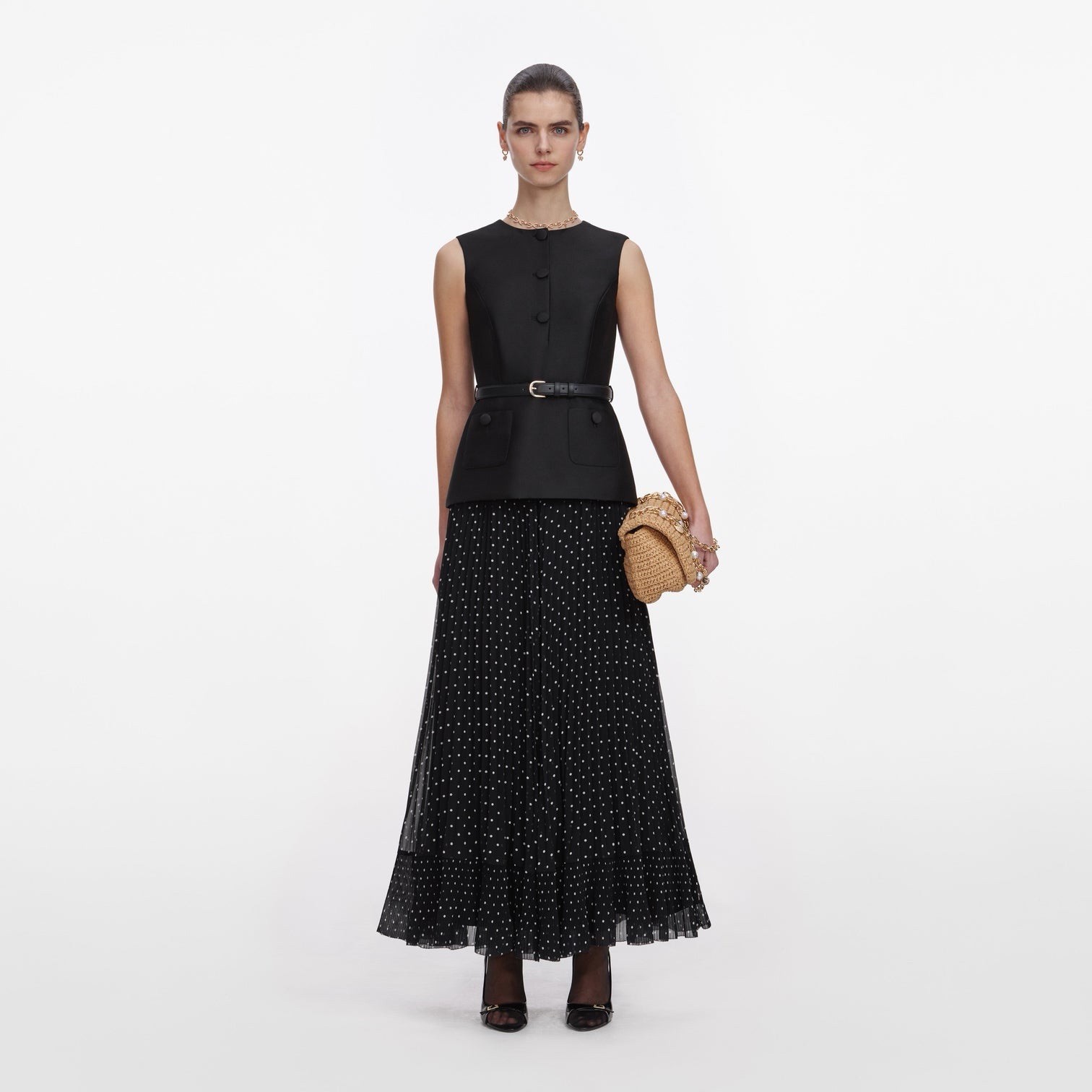 self portrait BLACK TAFFETA POLKA DOT MIDI DRESS $ 750 Size US 10 UK 14