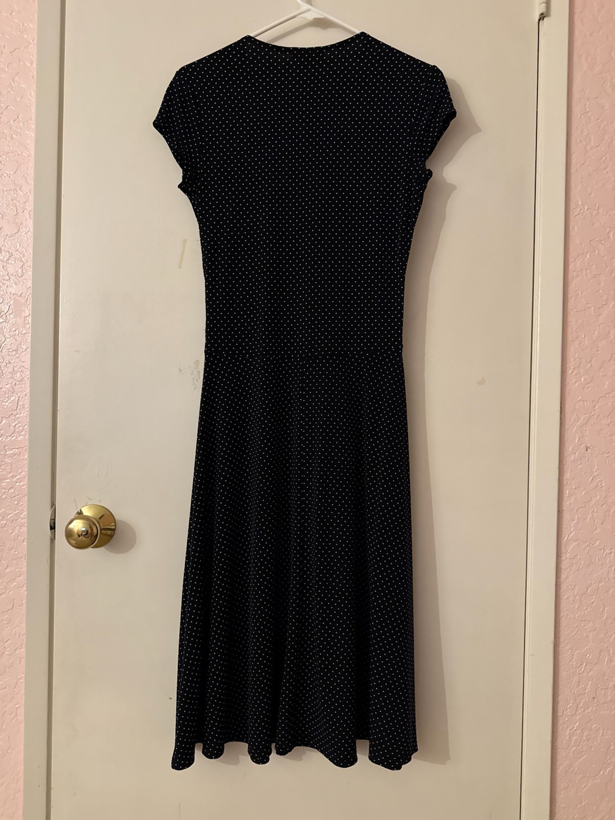 ALFANI navy mini dot stretch knit cap sleeve semi wrap dress, size PP