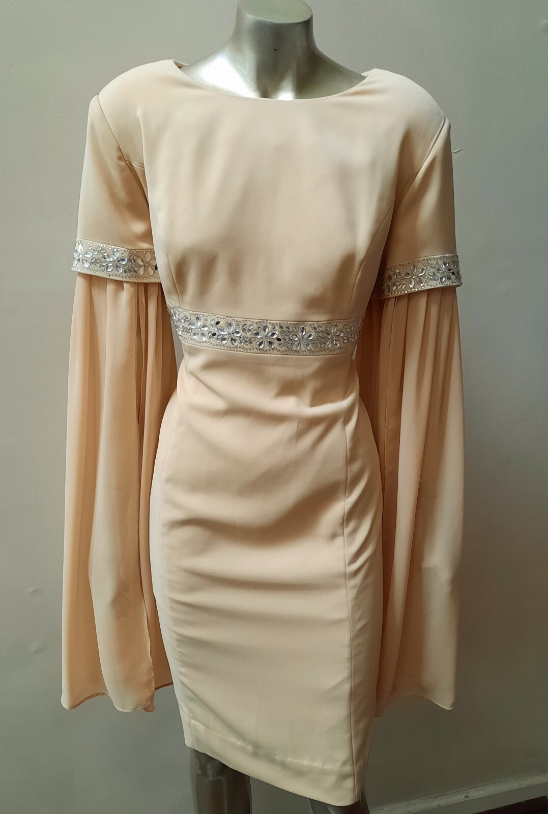 BELL SPLIT SLEEVES BEADED TRIM EMPIRE WAIST MOD MIDI SHEATH DRESS sz 12