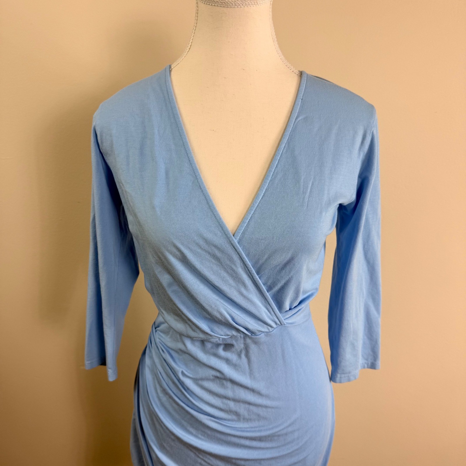 Bobi Los Angeles Womens Light Blue Ruched Faux Wrap V-Neck 3/4 Sleeve Dress Sml
