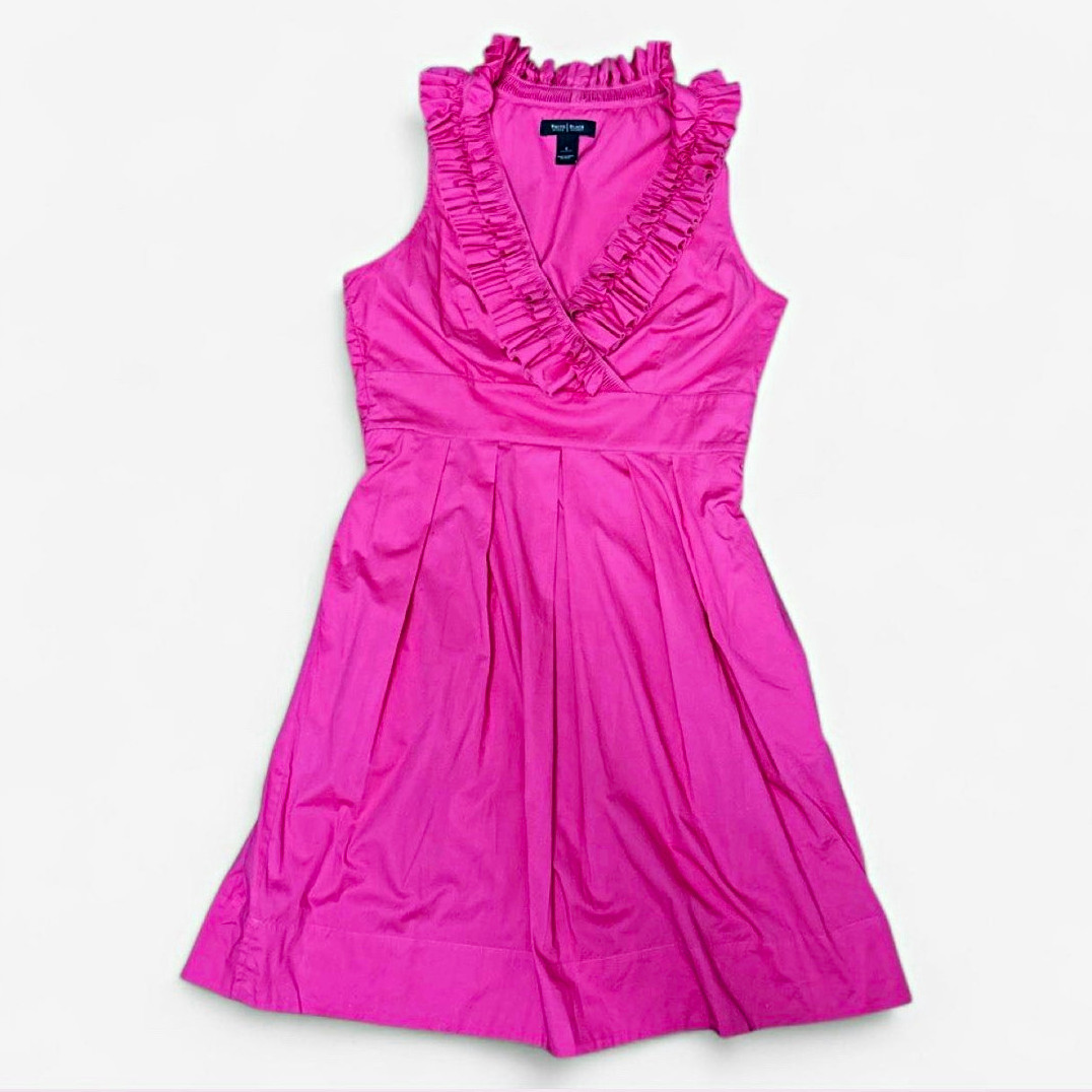 White House Black Market Womens 4 Hot Pink Ruffle V-Neck Poplin Party Dress Midi