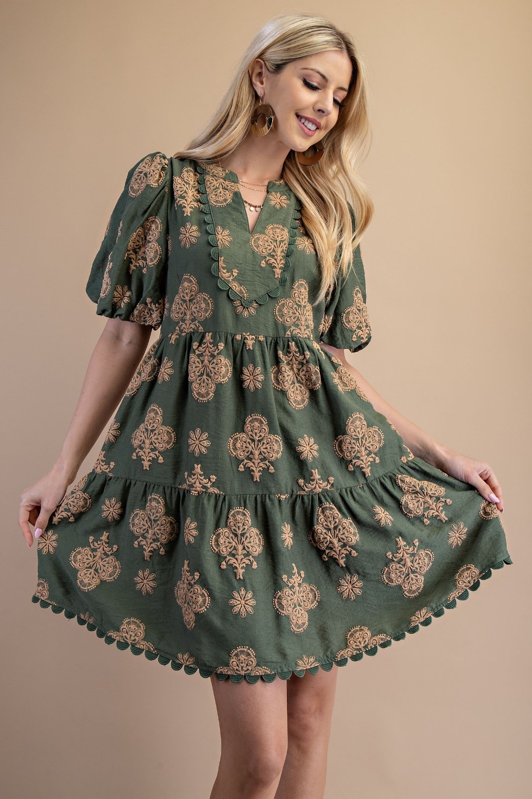 Gigio by Umgee Olive Puff Printed Tiered Dress with Decorative Trim