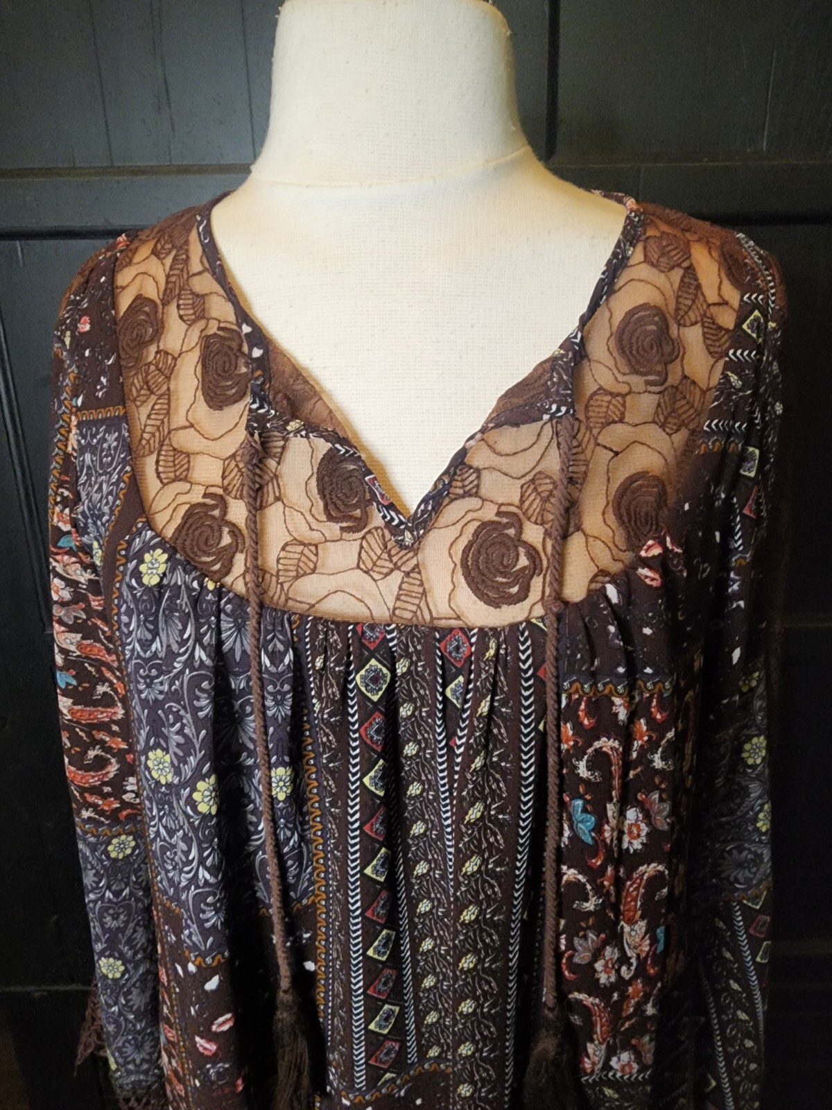 Bow + Arrow Boho Peasant Dress Brown Patchwork Sheer Lace Tassels Women’s S EUC
