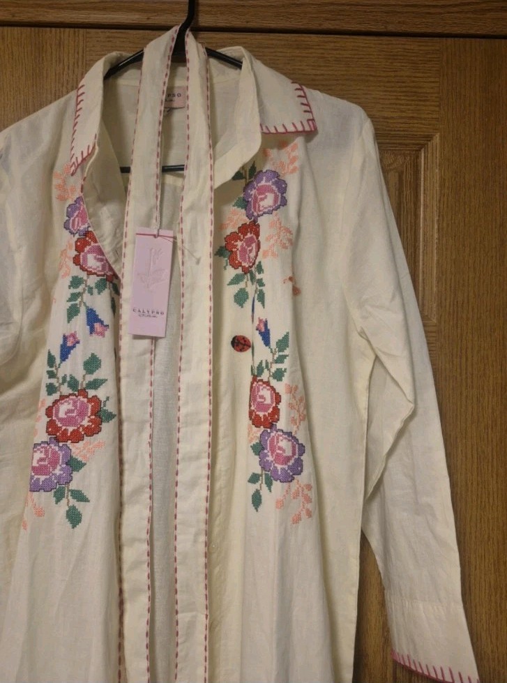 CALYPSO ST BARTH EMBROIDERED NEEDLEPOINT MAXI SHIRT DRESS SIZE L NWT