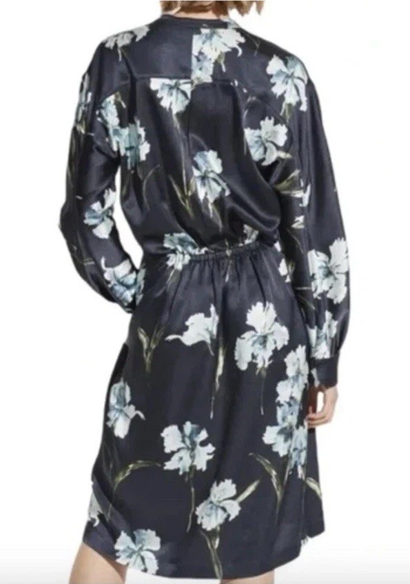 Vince Navy Floral Iris Print Long Sleeve Satin Shirt Dress Coastal Size XS $345