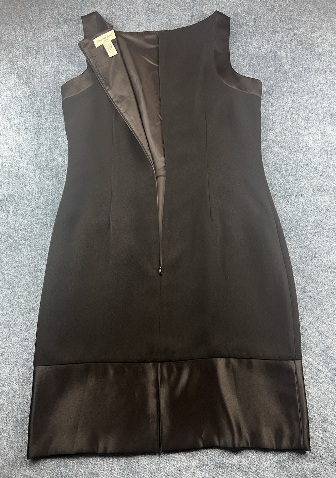 Amanda Smith Y2K Black Sheath Shift Dress Black Satin Trim Women’s Size 10
