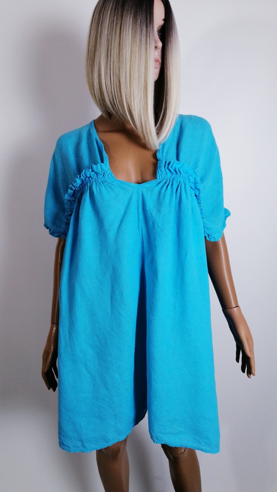 Kit and Kaboodal 100% Linen Turquoise Boho Tunic Dress One Size Oversized