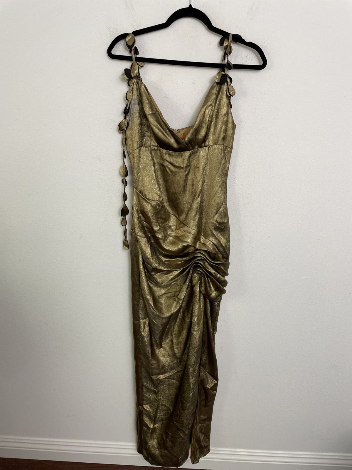 YAURA Ileri Dress draped leaf gold satin asymmetrical hem size S NWT $280msrp