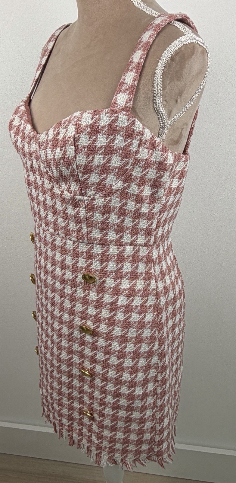 Forever 21 Pink White Tweed Houndstooth Mini Dress Gold Buttons Medium NWT