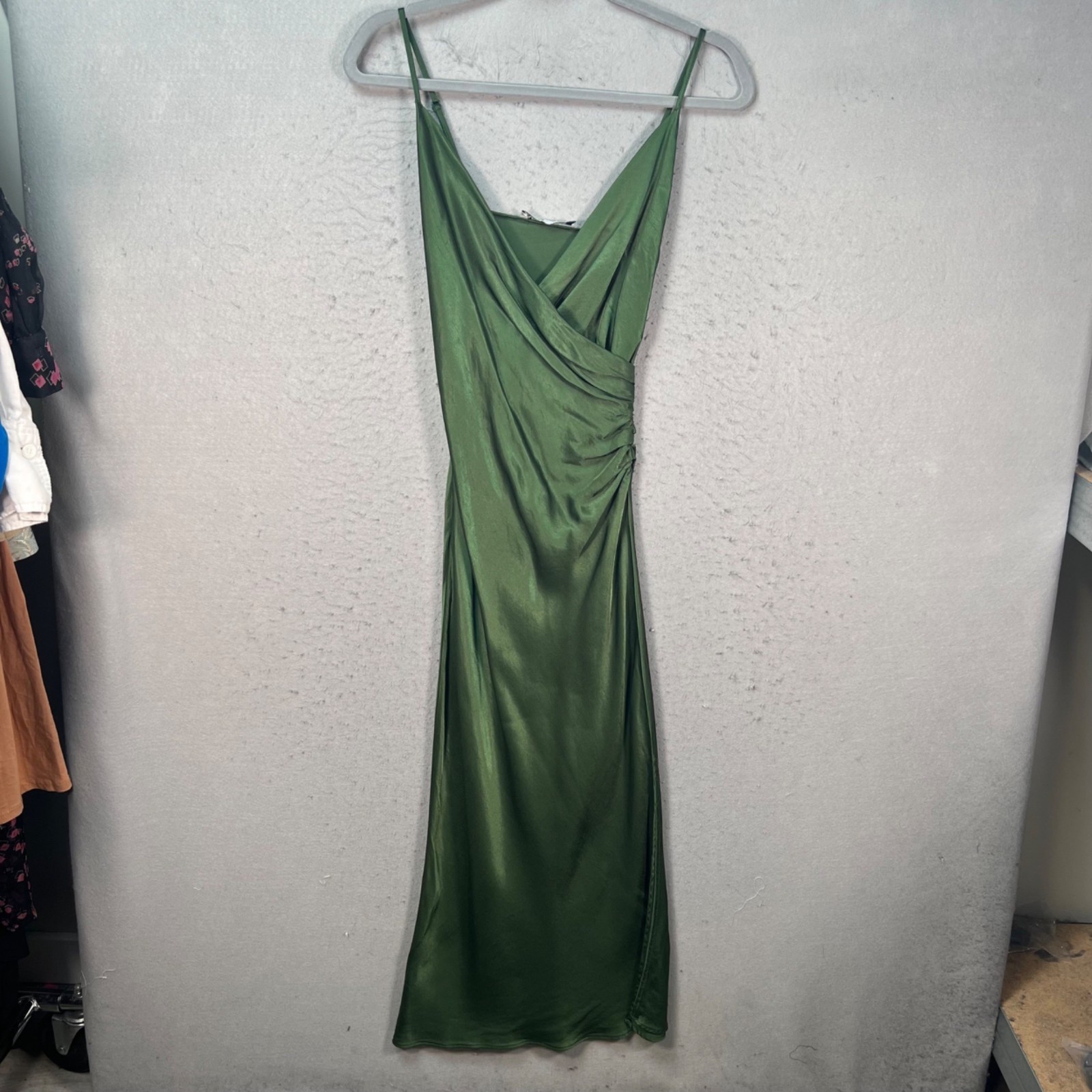 Zara Womens XS Green Satin Slip Dress Spaghetti Strap Cowl Neck Midi