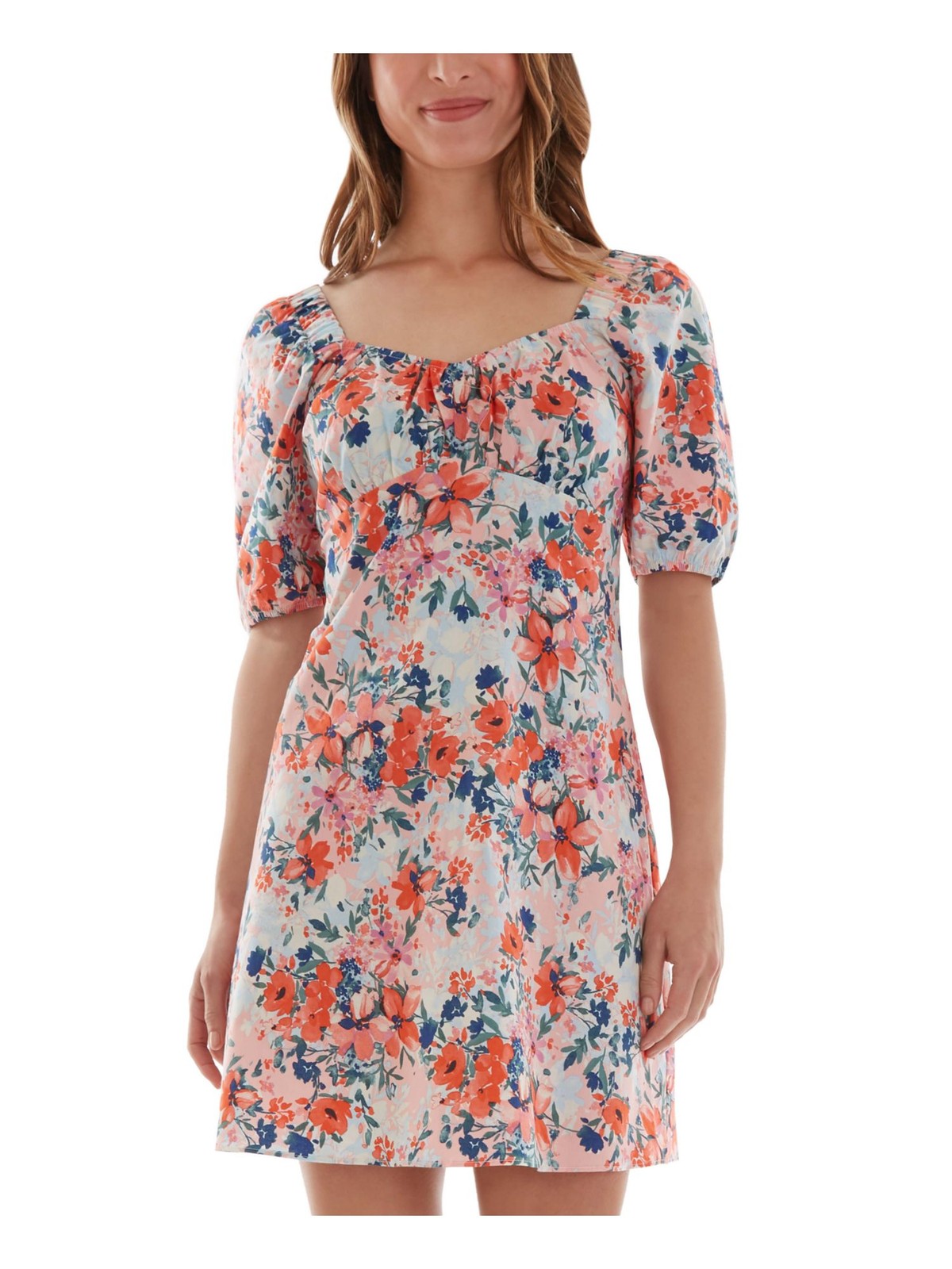 BCX DRESS Womens Fit + Flare Mini Dress Pouf Sleeve Sweetheart Neckline