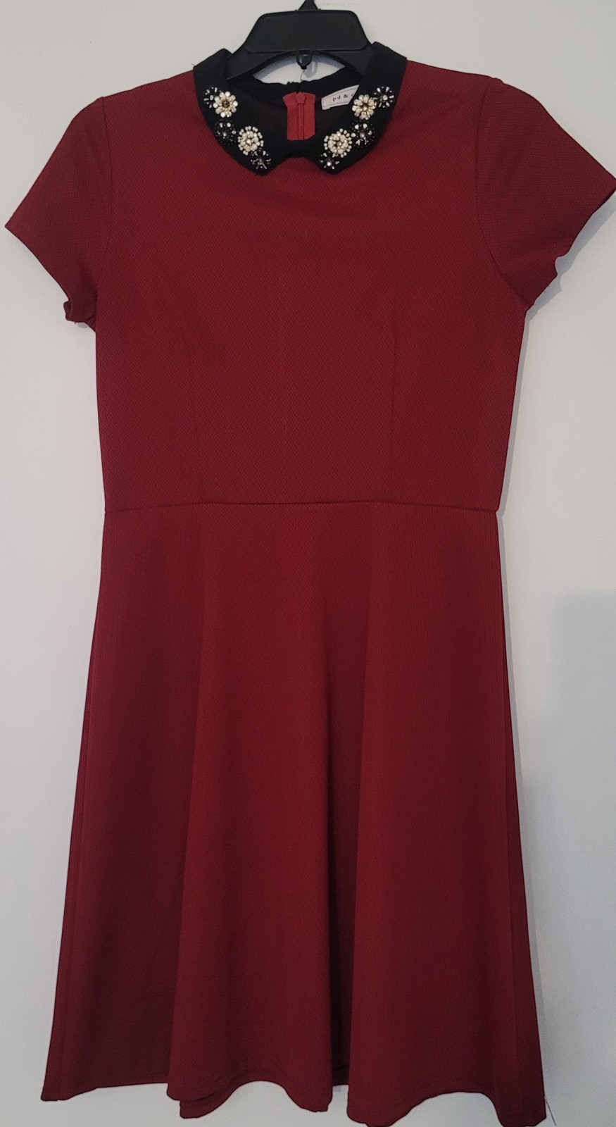 PD & Co Peter Pan Beaded Collar Maroon Short Sleeve Dress