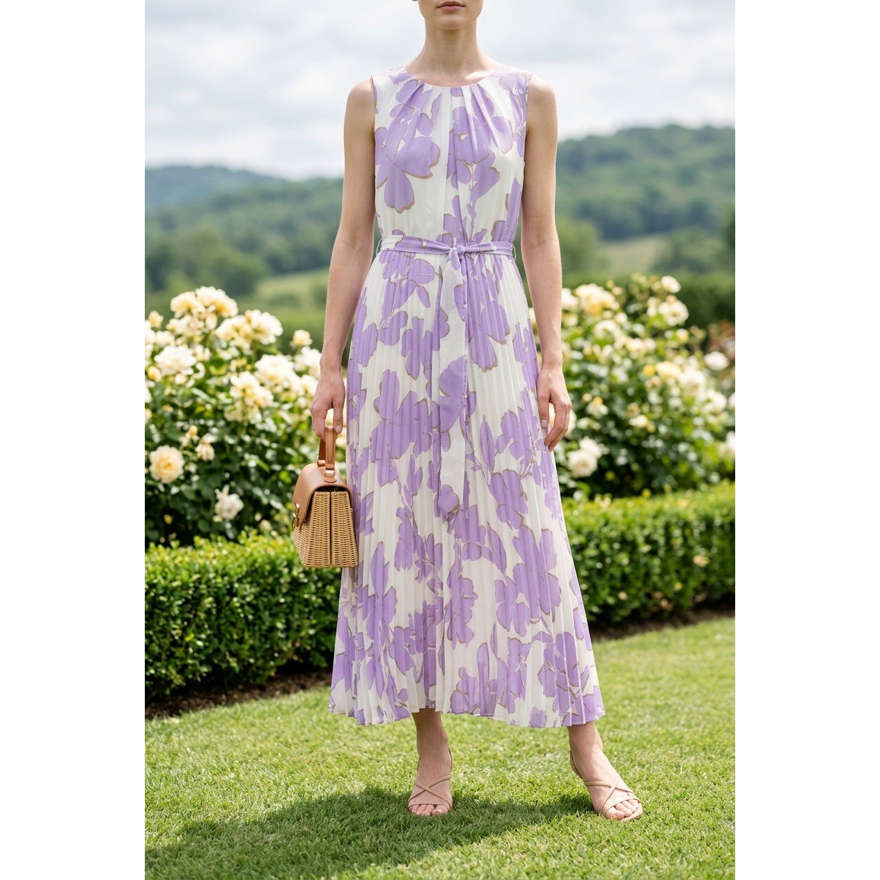 Studio One Purple Floral Pastel Pleated Maxi Dress 8P Tie Waist Romantic Feminin