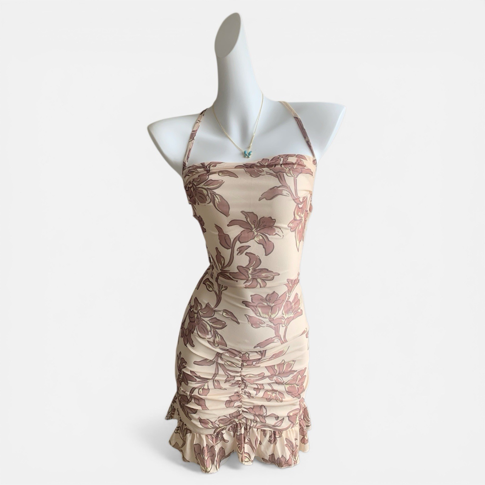 Women S Floral Mesh Bodycon Mini Dress Sheer Ruched Beach Vacation Sexy S-M