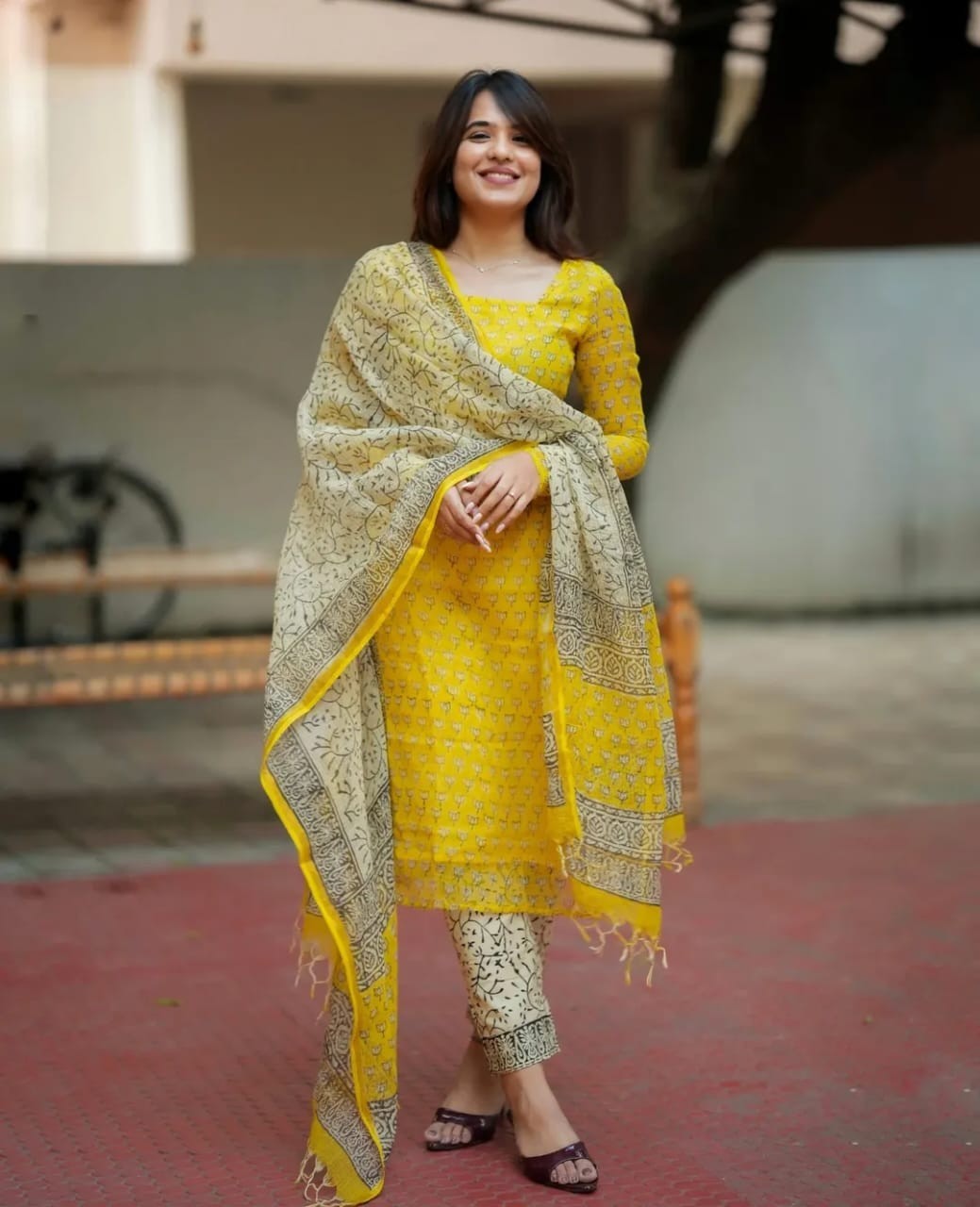 Women Kota Doria Kurta Pant Dupatta Set Yellow Cotton Ethnic 3 Piece Suit