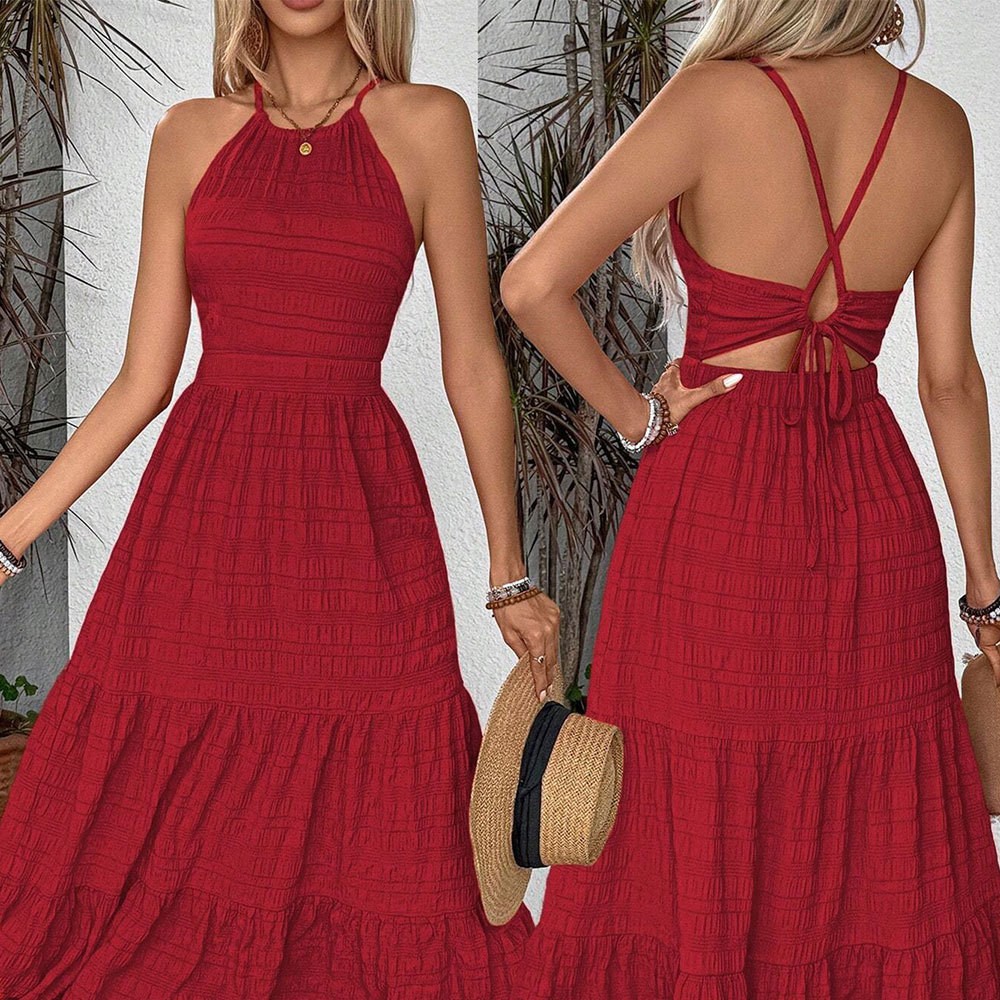 2026 Retro Red Sleeveless High-Waist A-Line Long Dress with Backless Detail and
