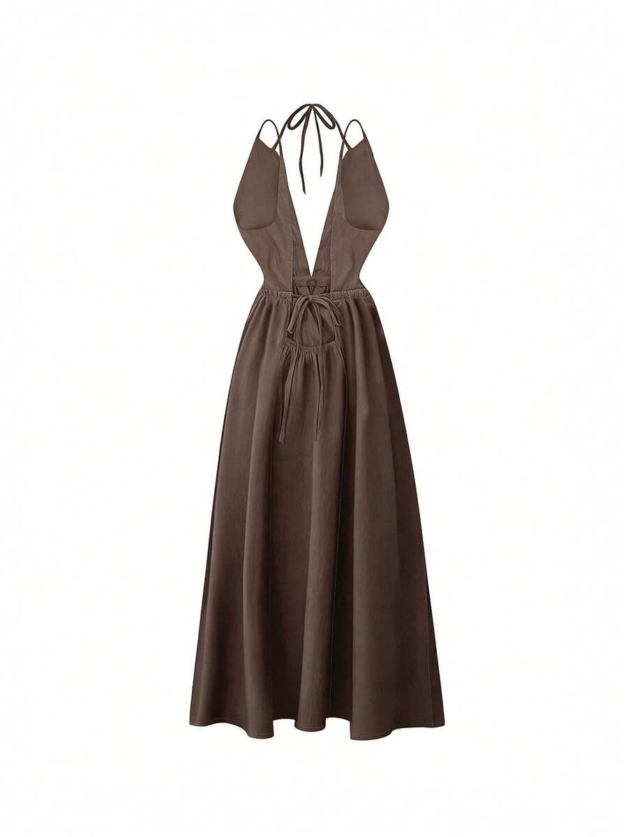 Spaghetti Strap Dress Side Pockets Backless Slit Hem Casual Cami Maxi Long