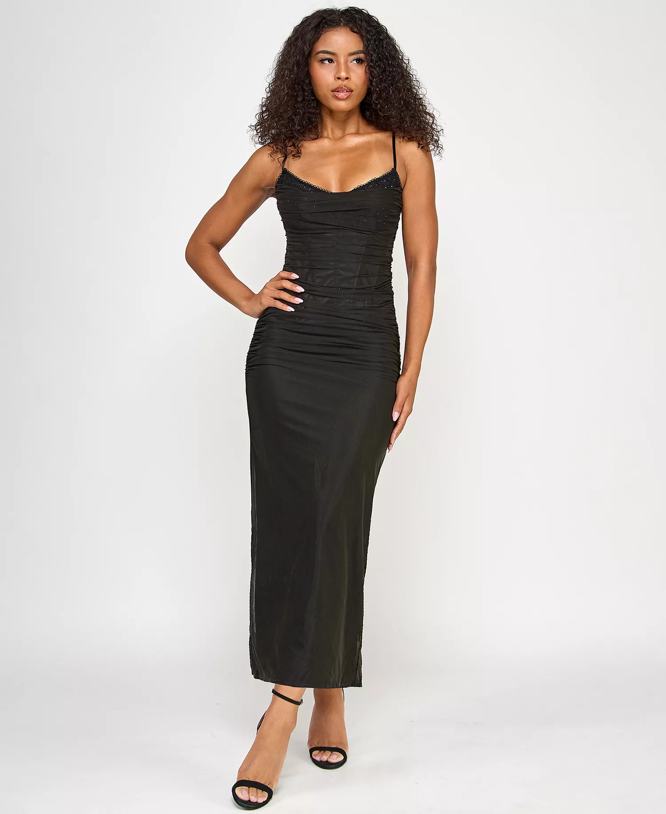 Seni Cade Black Ruched Mesh Bodycon Dress Juniors Large Lace Beaded Cocktail