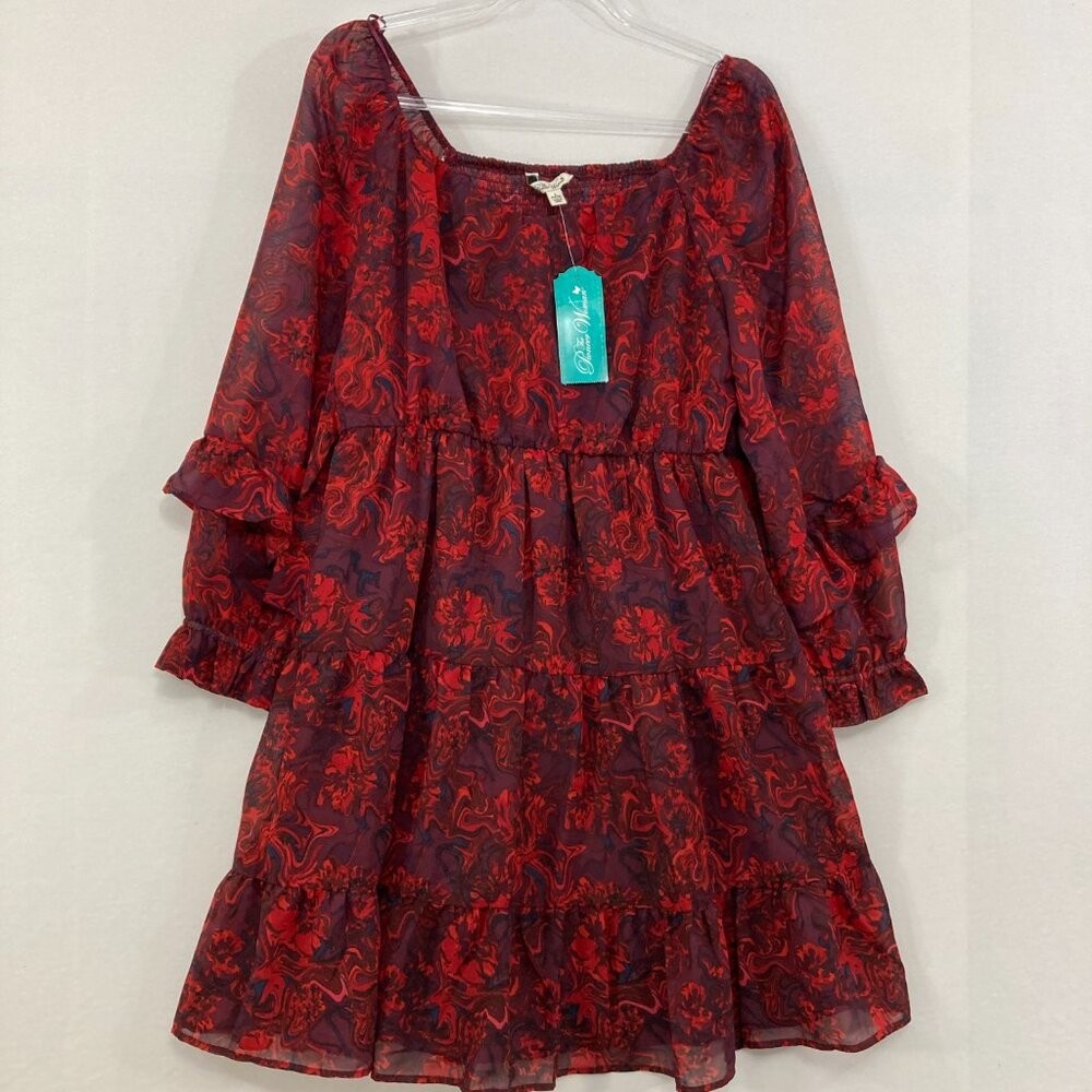 New The Pioneer Woman Large Red Burgundy Floral Ruffle Tiered Dress Elegant