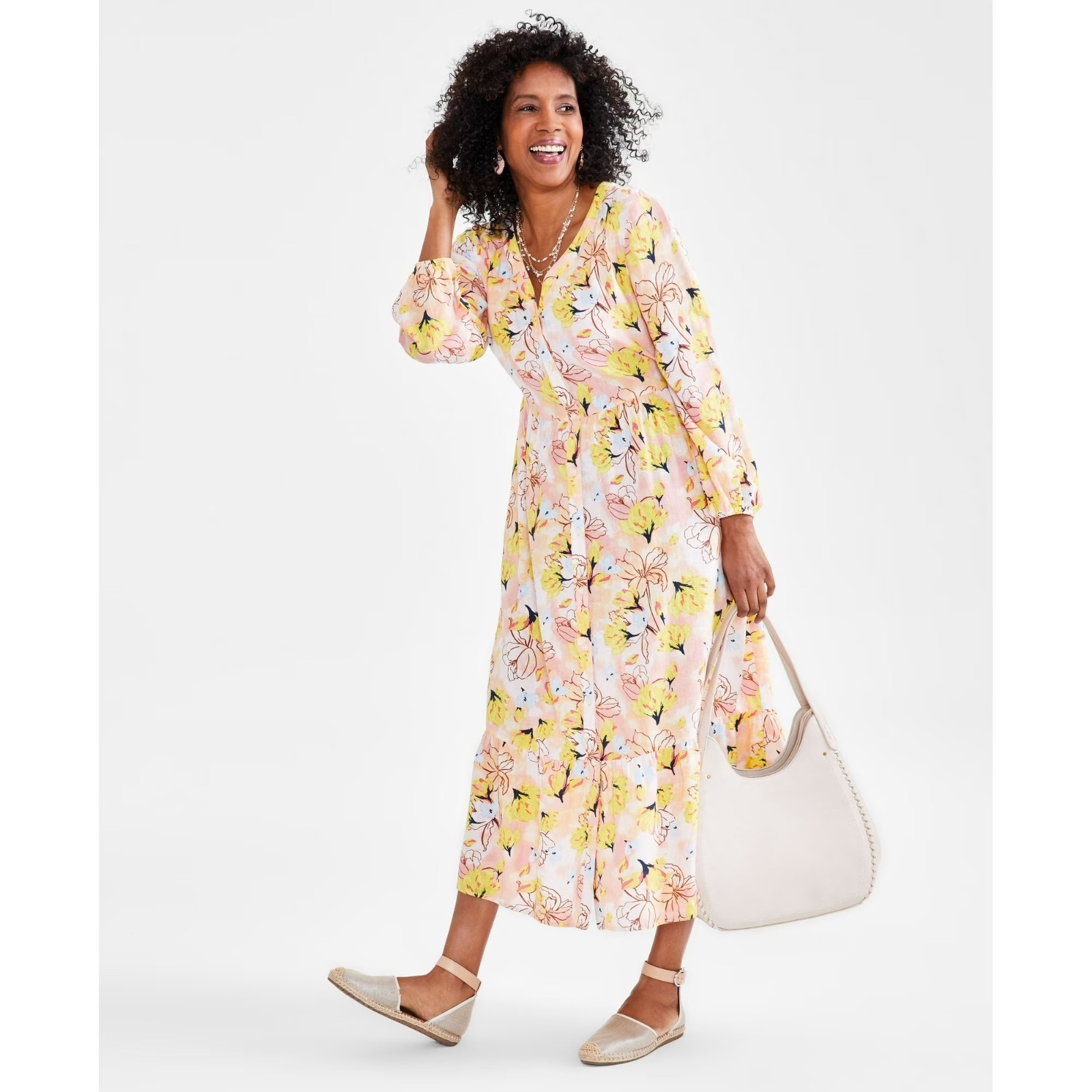 Style & CO Womens XL Aries Floral Pink Button Up Midi Dress NWT AP75