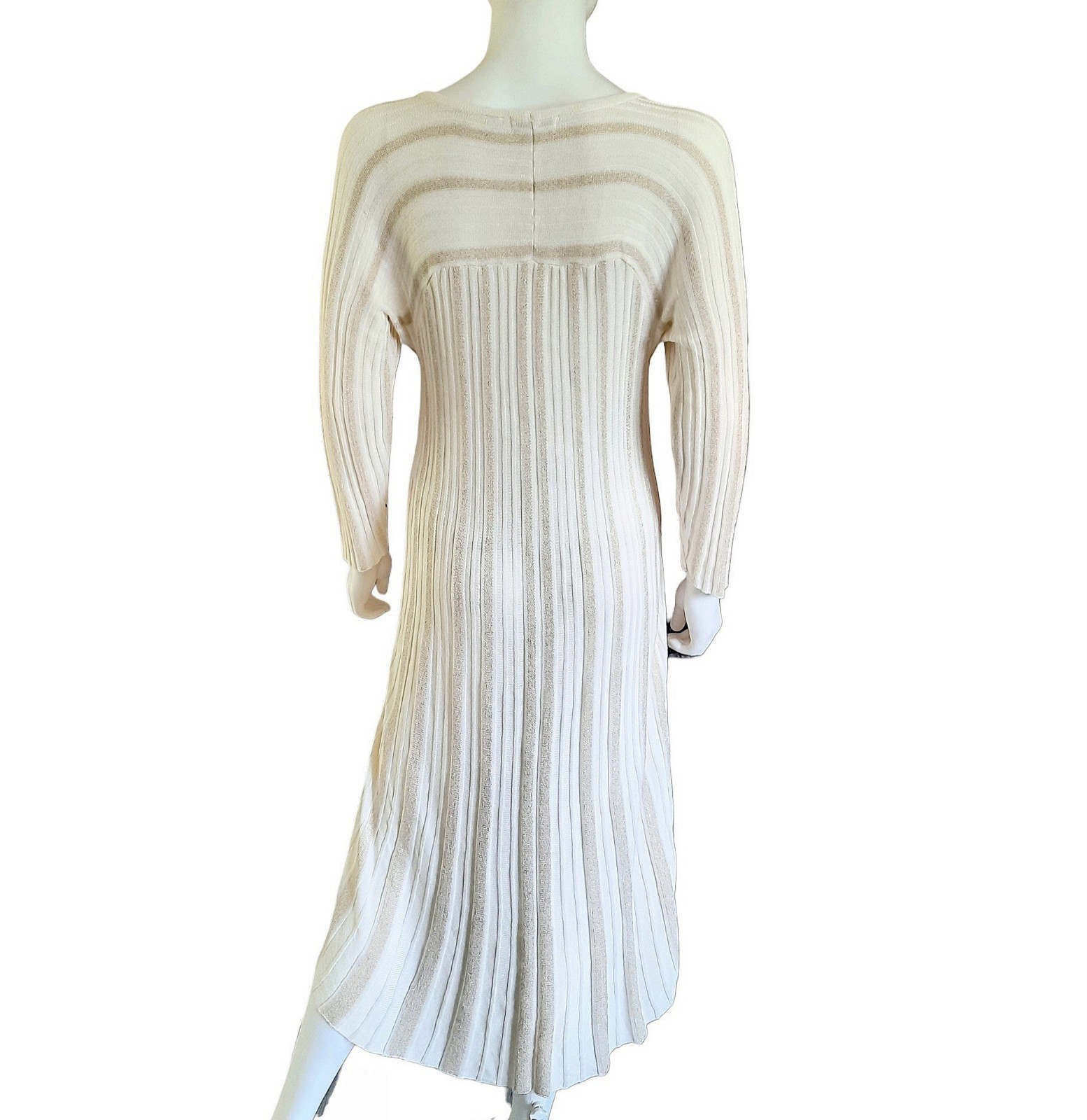CATO Cream/Metallic Gold Ribbed Knit 3/4 Sleeve Fit & Flare Midi Dress Sz 14/16W