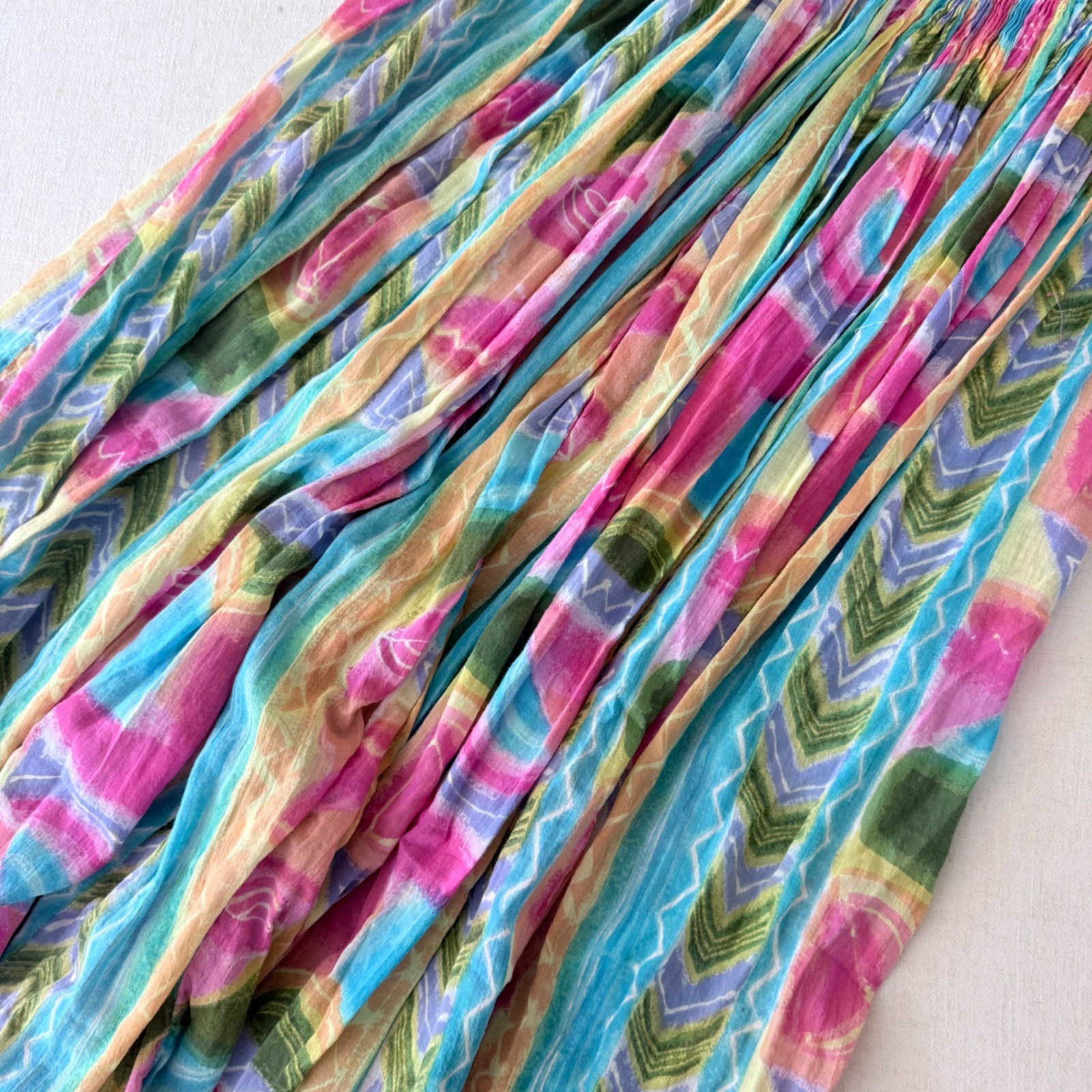 Sita Nepal Cotton Maxi Dress Small Multi Color Abstract Geometric Boho Crinkle