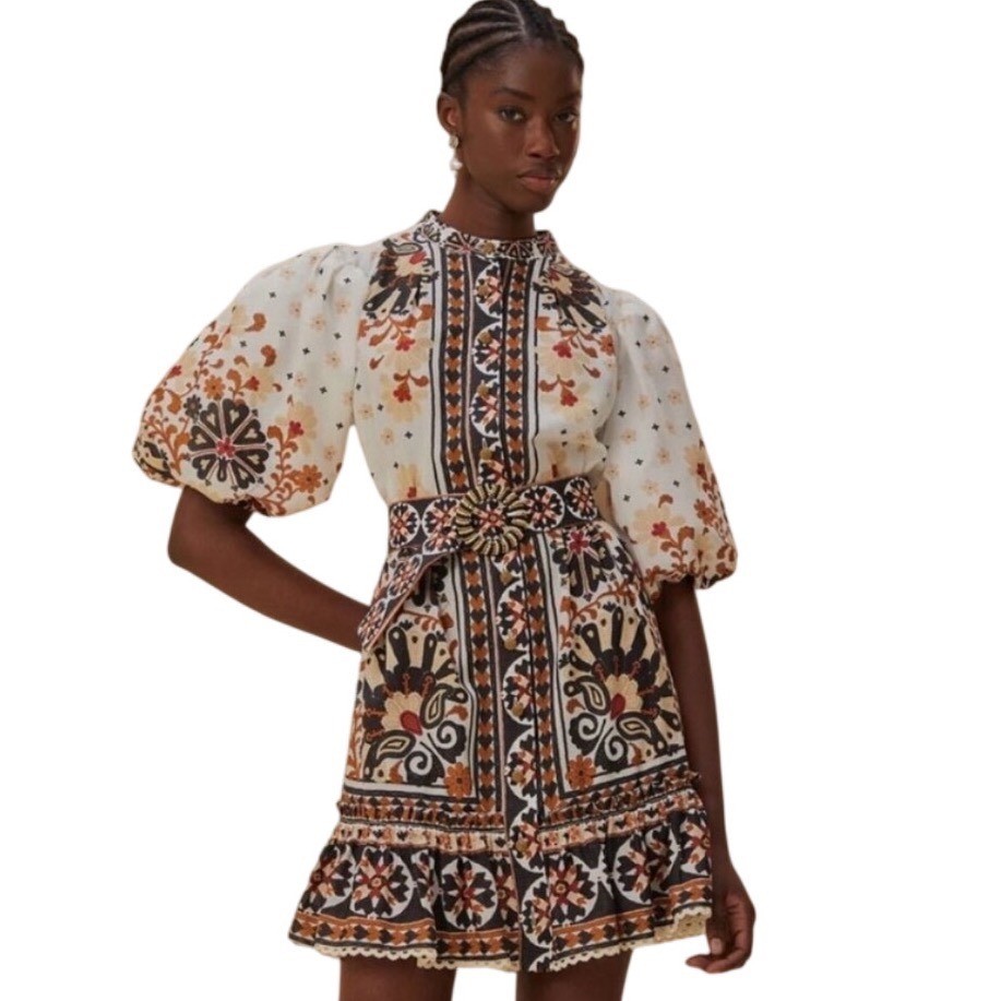 Farm Rio Flower Fan Tapestry Print Puff Sleeve Mini Dress Small NO BELT