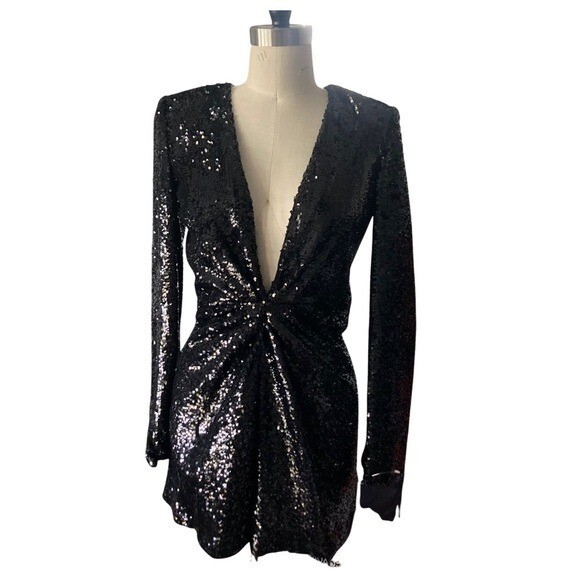 NWT GAUGE81 Midar Black Sequin Cocktail Mini Dress Plunge Twist Front Size M