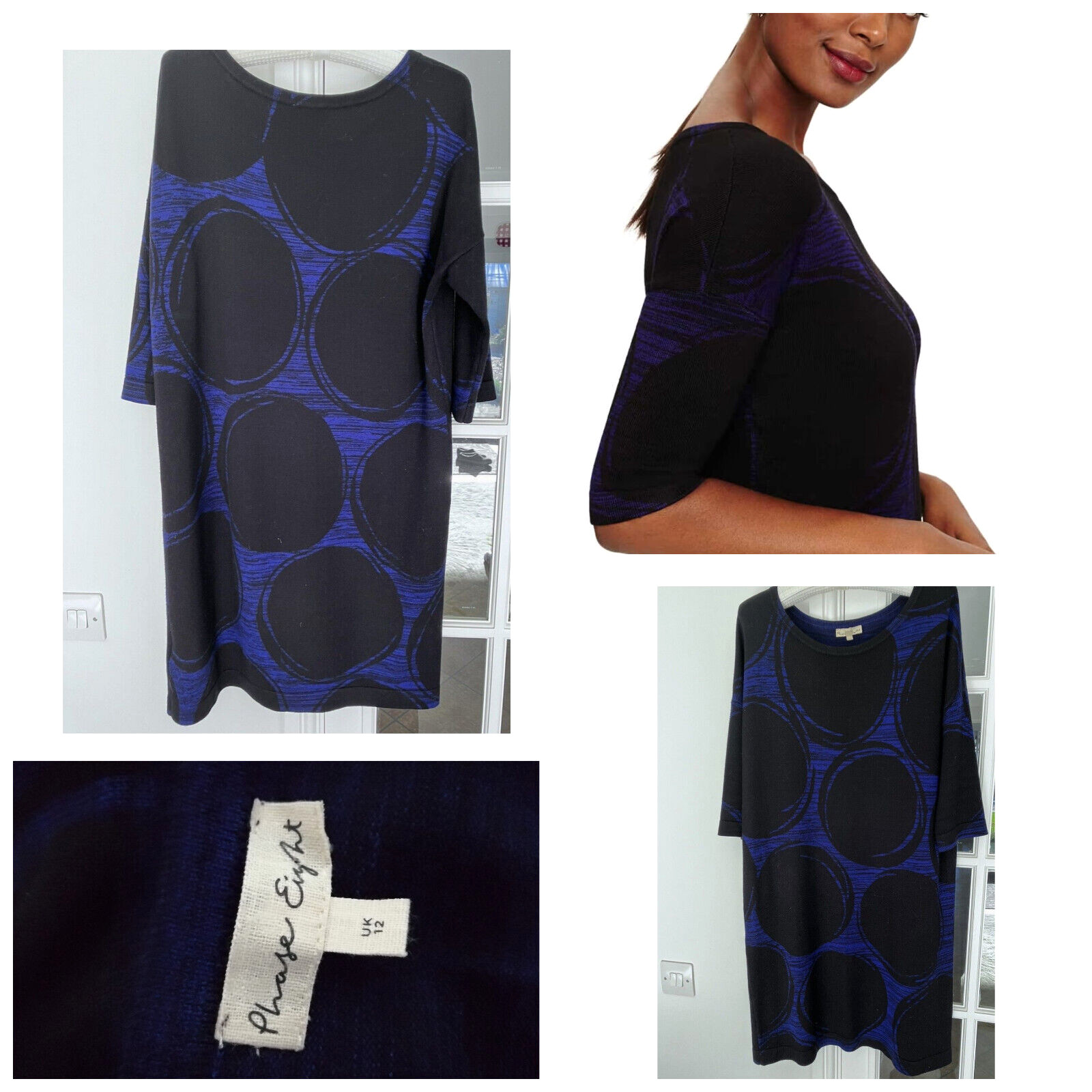 Phase Eight Black & Cobalt Blue Sammy Spot Knitted Dress Size 12