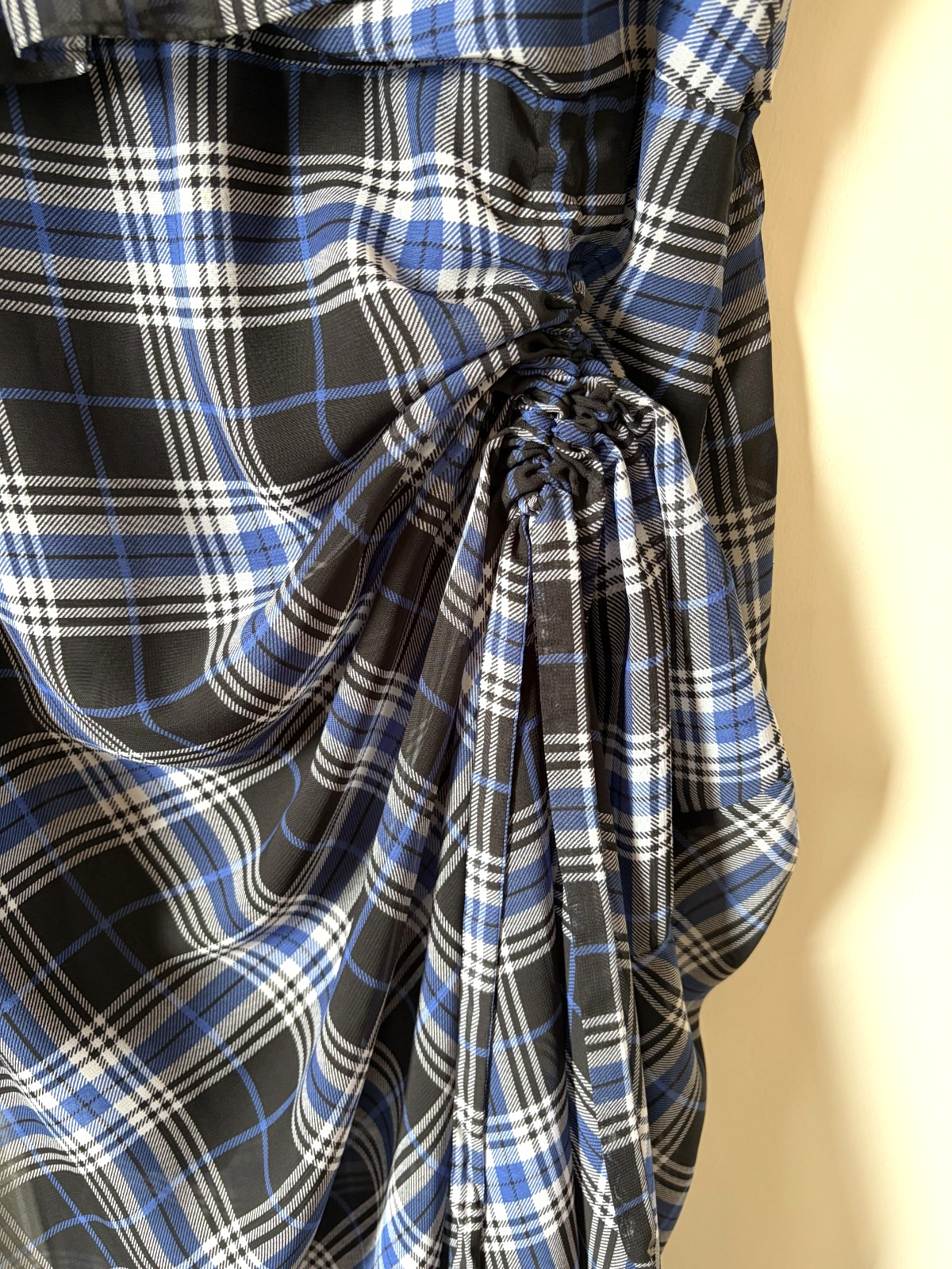Maje Side-Ruched Plaid Tartan Blue and Navy Long Dress Ruffle UK size 10