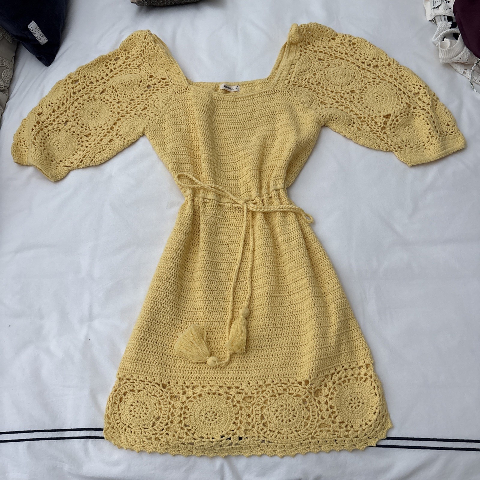 SPELL Let The Sunshine In Yellow Crochet SS Mini Dress Handmade Small NWT $269