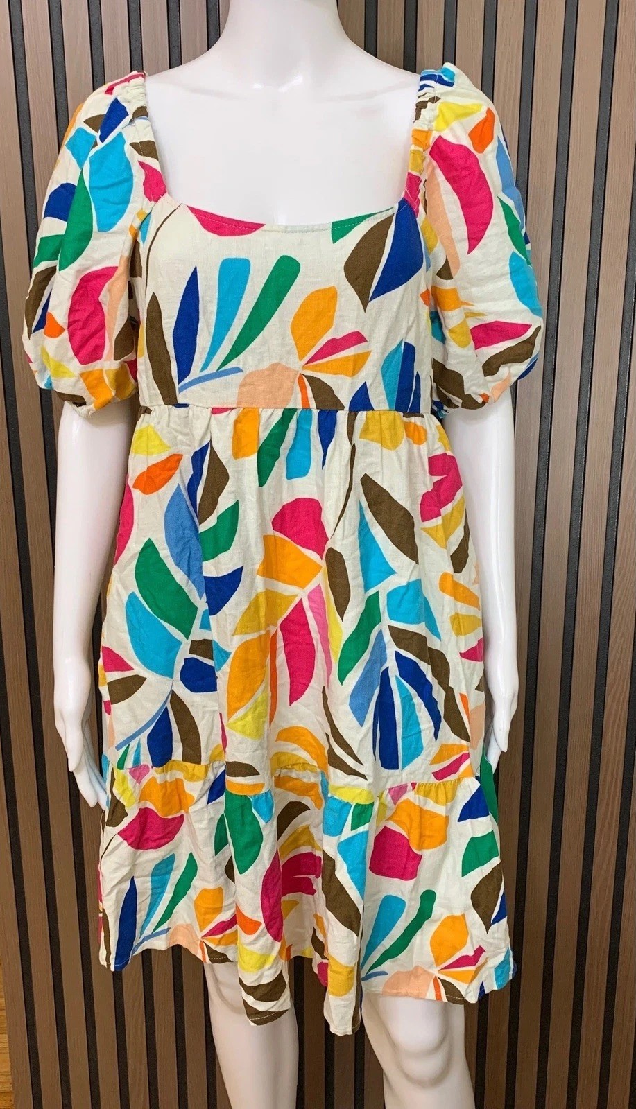Tabitha Brown for Target Multi-Color Tropical Leaf Puff Sleeve Midi Dress M NEW