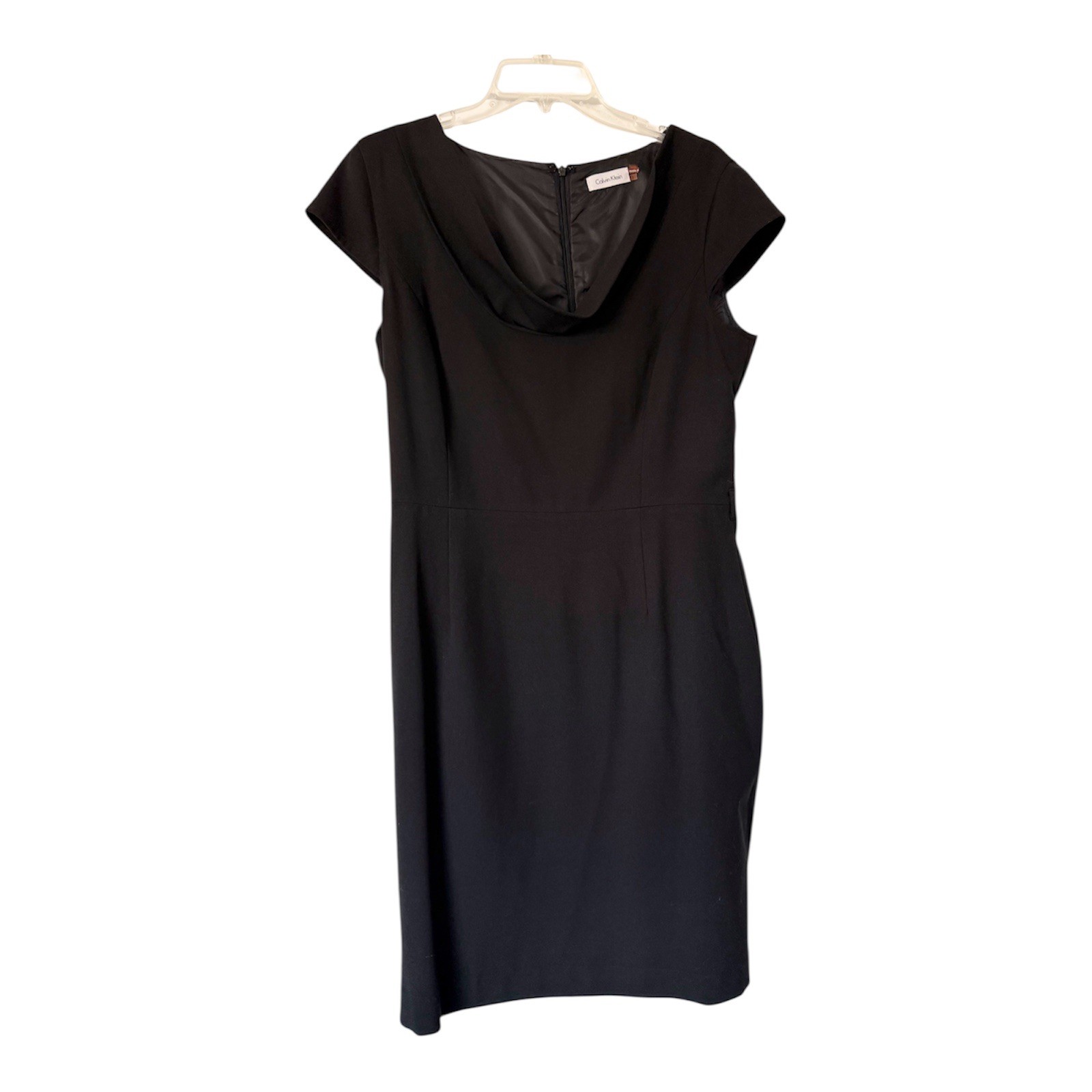 CALVIN KLIEN Women Black Cowl Neck Sheath Dress Knee Length Cap Sleeve (size 12)