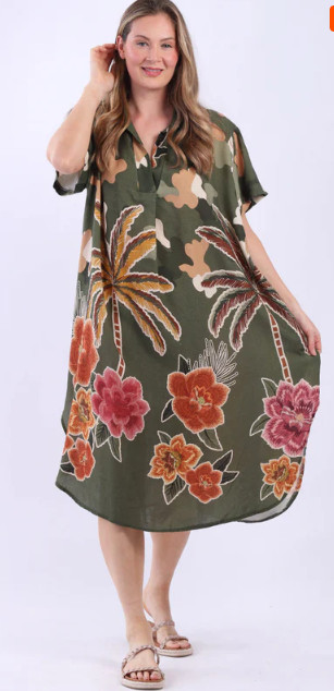 Italian Khaki Linen Digital Print Collared Midi Dress One Size Plus 16-20
