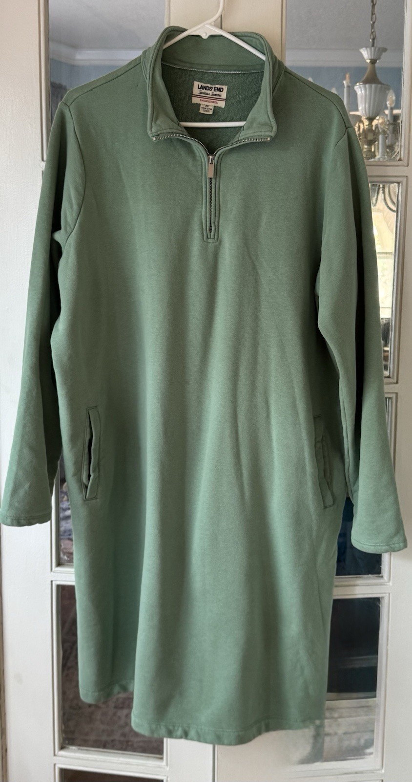 Lands End Serious Sweats 1/4 Zip Dress Sage Green Midi Stretch Pocket Size 2X 20