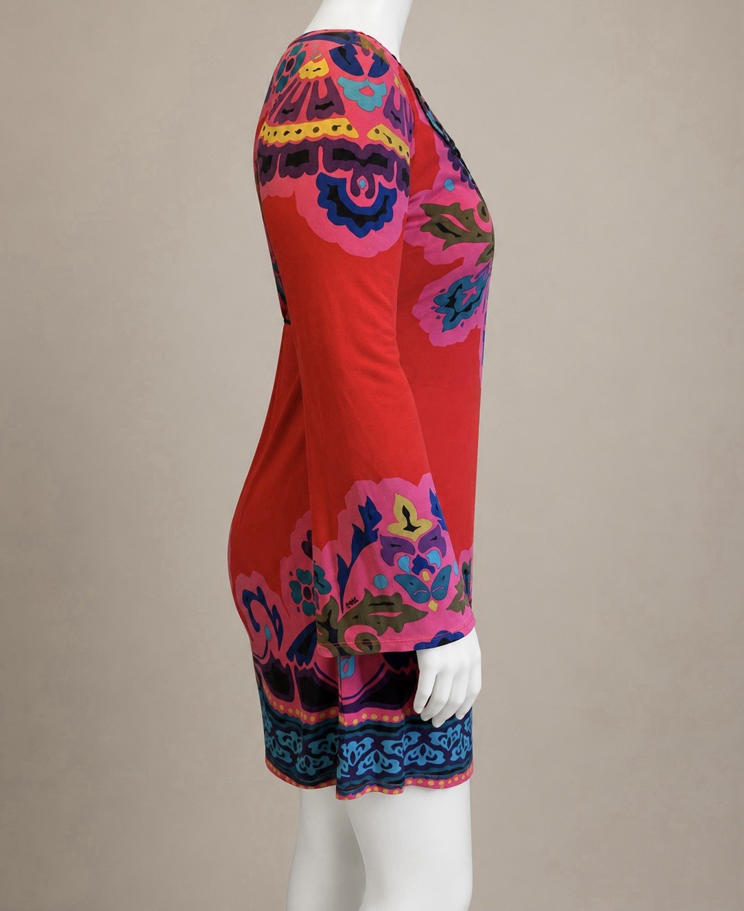 Hale Bob M Red Multicolor Boho Tunic Dress Embellished V Neck Mini