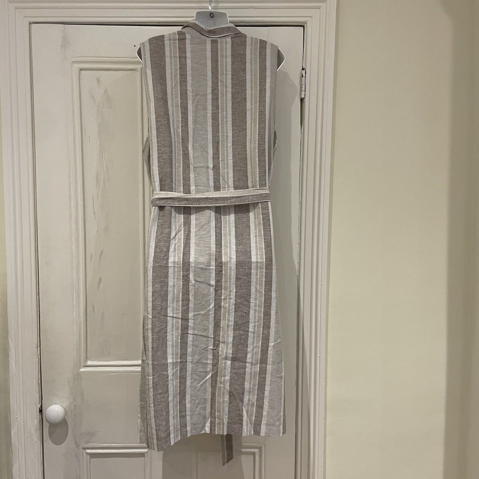 Tu Linen Blend Neutral Striped Button Midi Dress – Belted – Sleeveless – UK 20