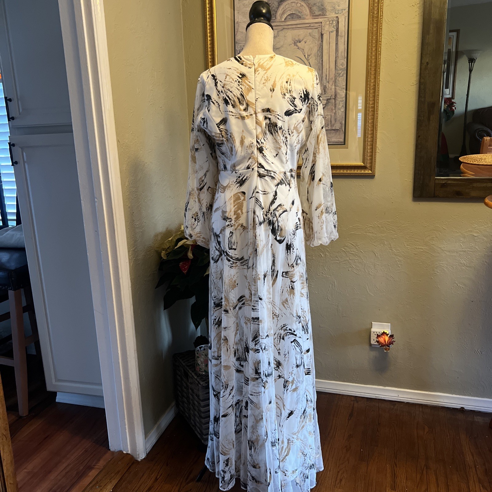 By Saygı Lined Patterned Long Tulle Dress White-black, Beige Color Size US XL