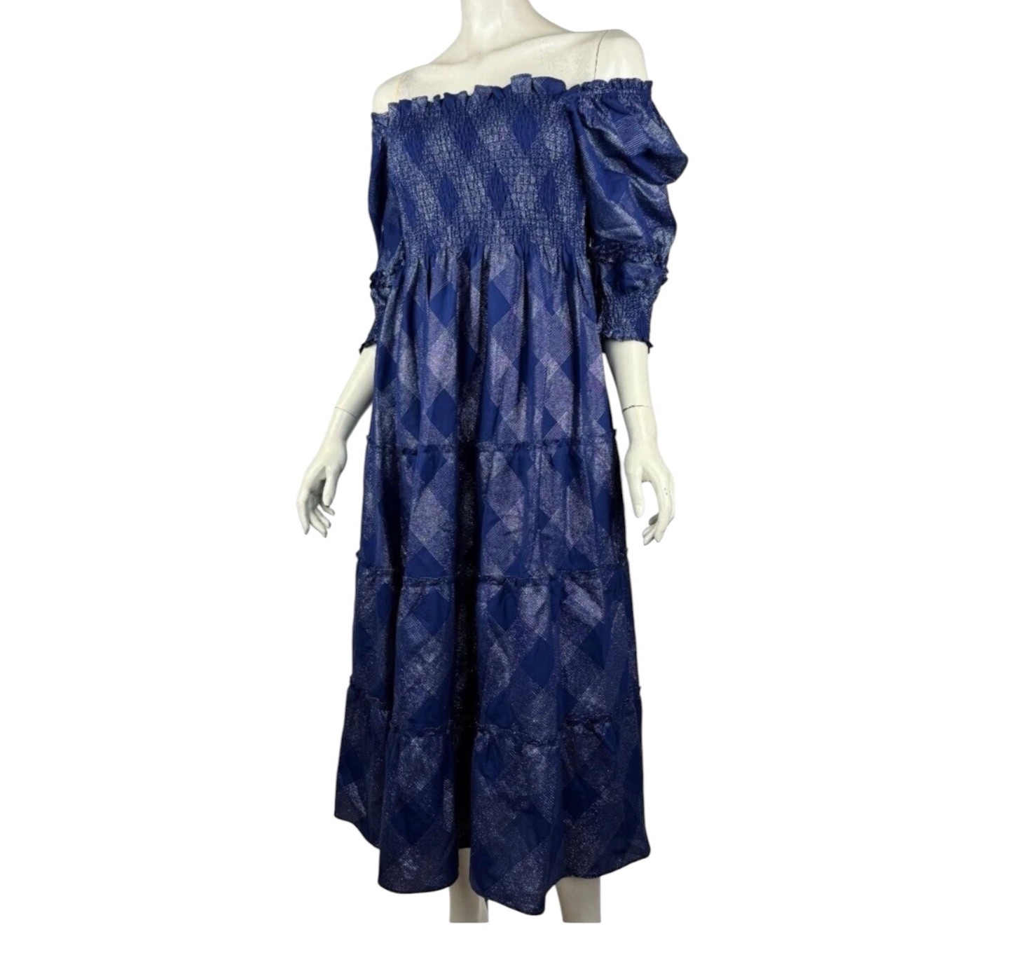 Hill House Athena Nap Dress Women’s Size S Blue Silver Check Puff Sleeve Smocked