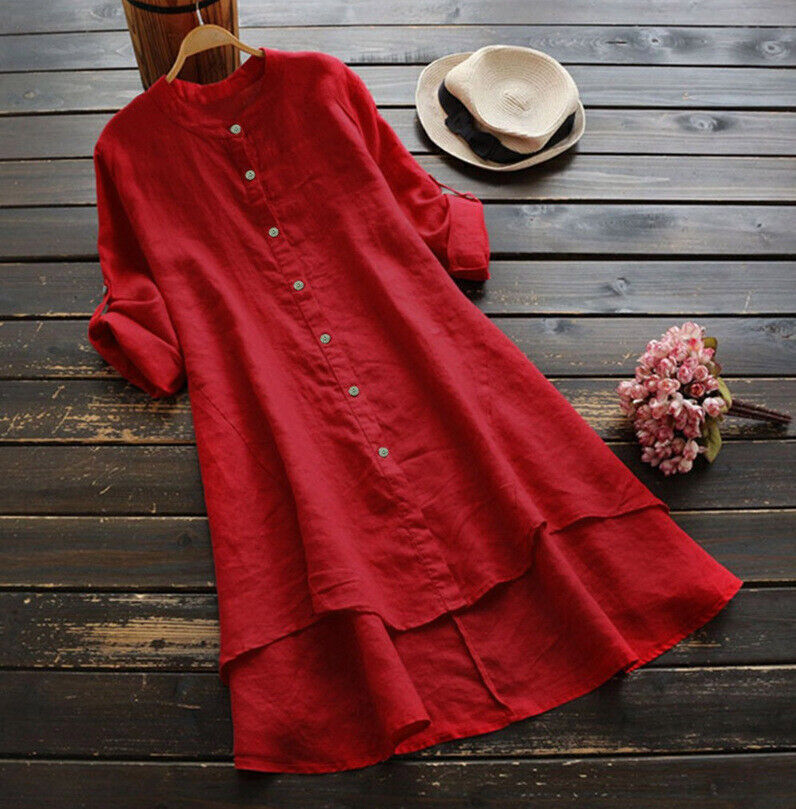Womens Summer Loose Comfortable Long Skirt Cotton and Hemp Long-Sleeved Dress