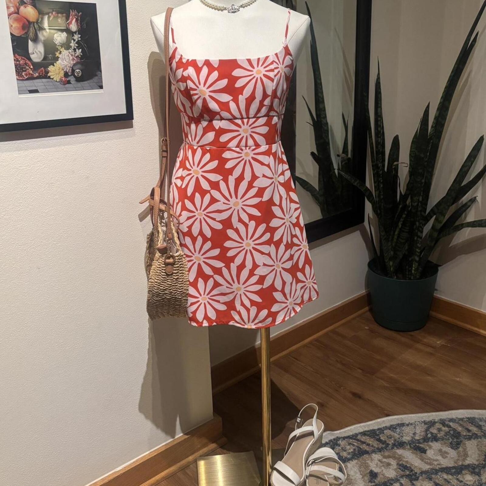 Retro Daisy Print Mini Dress Orange White Y2K Summer Beach Dress XS