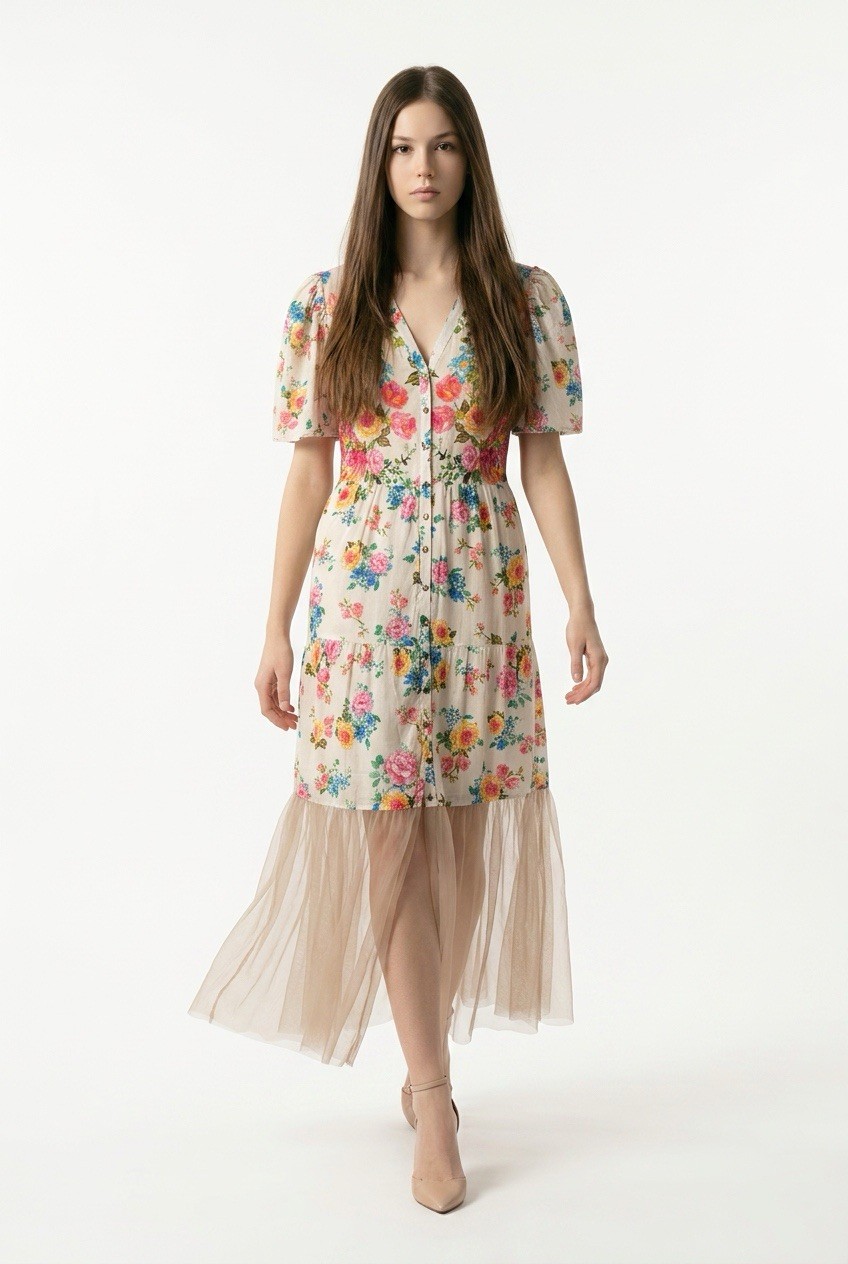 Aratta Ivory Multicolor Floral V-Neck Short Sleeve Chiffon Midi Dress Size S