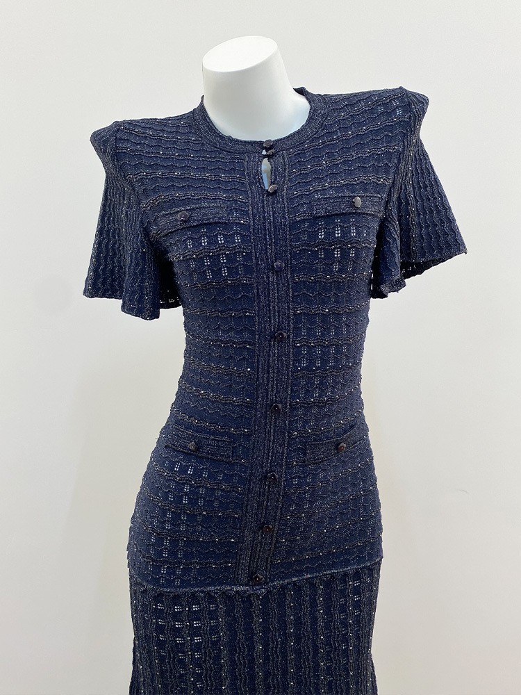 🎁AUTHENTIC Sandro Women Round Neck Rhinestone Crochet Knitted Evening Dress SML
