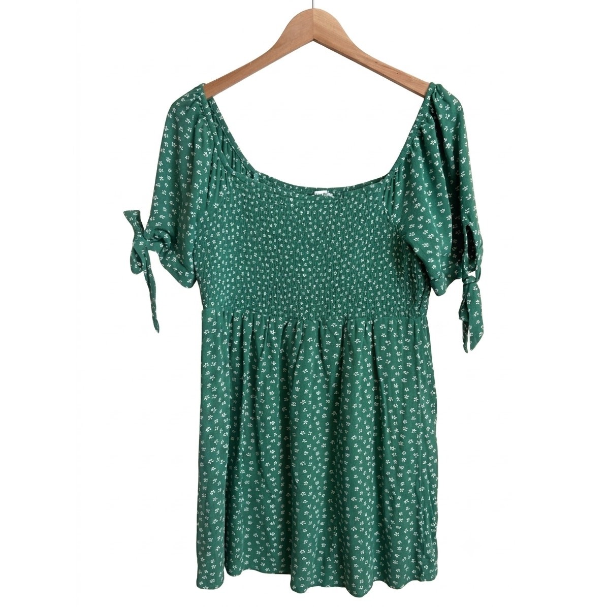American Eagle Floral Tie-Sleeve Smocked Mini Dress L Green Viscose Boho Summer
